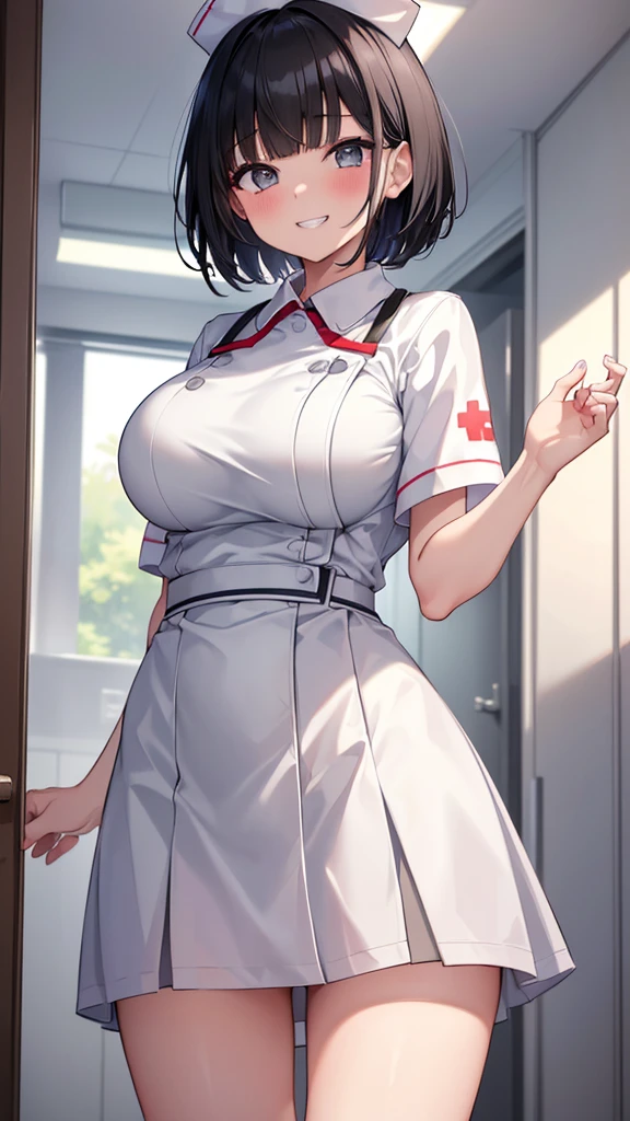 (8K、Highest quality、Highest quality、masterpiece)、Detailed face、One Girl、 Black Hair、short hair、、Blunt bangs、Grey Eyes、Wicked Smile、((Grin))、((White nurse uniform))、((Perforated mini skirt))、Cowboy Shot、((I had already finished))、hospital、Hospital room、Very large breasts、cheeks are bright red、Blushing、I&#39;m worried、White nurse uniform、nurse、Cleavage、Nipples are visible、Chest on the tray、Milk coming out of the nipple、Milk dripping from nipples