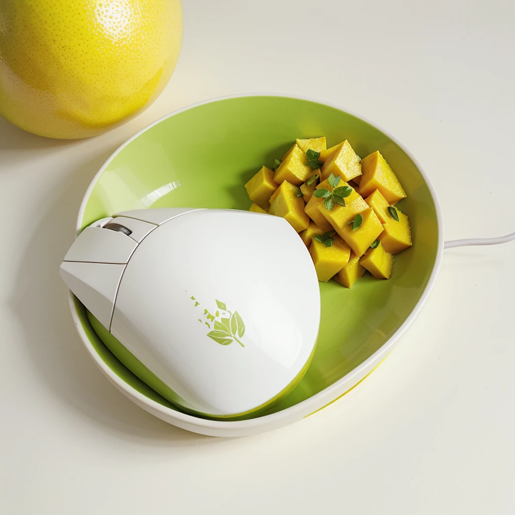 computer mouse, Screen printed with a Thai food pattern, namely mango sticky rice, highlighted in yellow., white,and green, minimalist picture. Only 1 object.