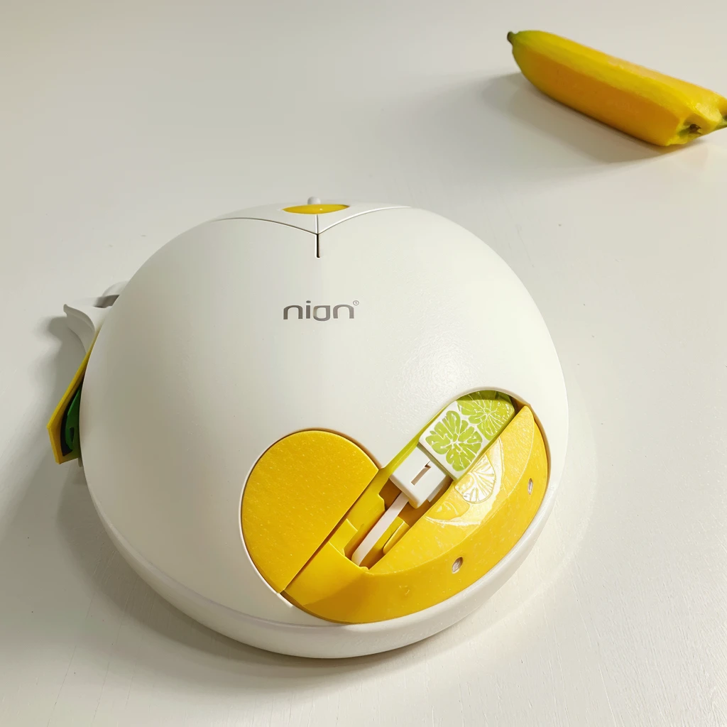 computer mouse, Screen printed with a Thai food pattern, namely mango sticky rice, highlighted in yellow., white,and green, minimalist picture. Only 1 object.