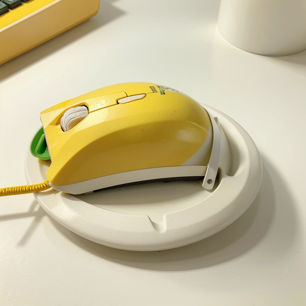 computer mouse, Screen printed with a Thai food pattern, namely mango sticky rice, highlighted in yellow., white,and green, minimalist picture. Only 1 object.