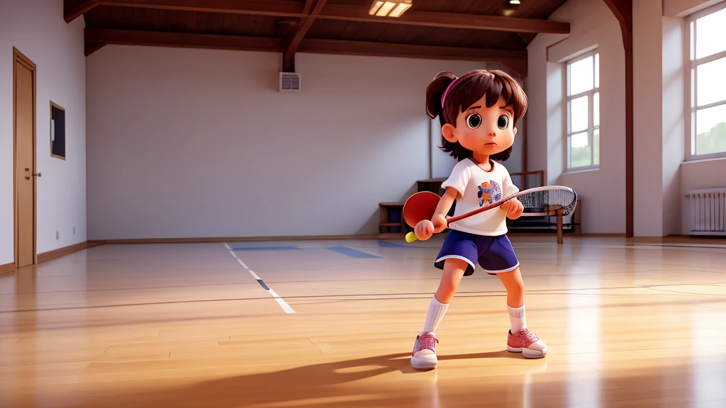 In a spacious gymnasium, a little girl is playing table tennis. The surroundings are brightly lit with clear white lines marking the area, and the ping pong table is at the center. The little girl holds her paddle firmly, moving swiftly and preparing to hit the next ball. She is dressed in comfortable sportswear, and her sneakers make a slight squeaking sound on the floor. Her expression is focused and determined, fully engaged in the game. The environment is clean and organized, with a few people quietly watching from the stands, applauding her impressive plays. This scene is full of energy and dynamism.
