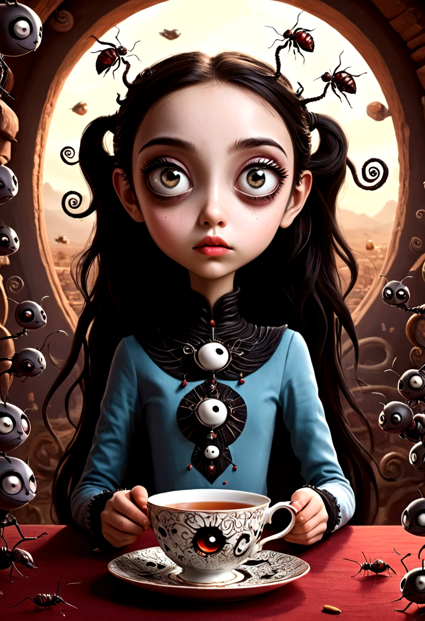 A young Satanichia Karimizhi, With her enormous complacent eyes she looks very attentively at the ants that come out of the tea cups that have geometrically impossible shapes and decorated with fantastic shapes., everything as if it were a Tim Burton dream.
