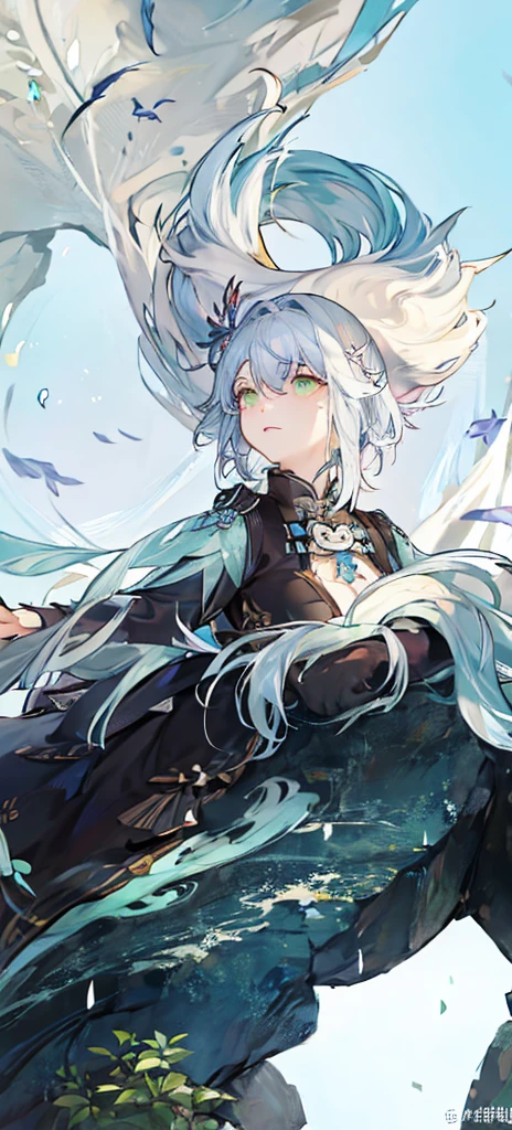 a man with horns and a blue-green dress, is standing in front of the sky, keqing do impacto genshin, zhongli do impacto genshin, torn apart, heise jinyao, inspired 由杨Jin, 由杨J, inspired by Huang Shen, g liulian art style, 极其详细的Artgerm, blessed waters in wlop style