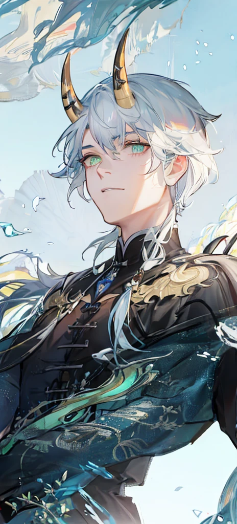 a man with horns and a blue-green dress, is standing in front of the sky, keqing do impacto genshin, zhongli do impacto genshin, torn apart, heise jinyao, inspired 由杨Jin, 由杨J, inspired by Huang Shen, g liulian art style, 极其详细的Artgerm, blessed waters in wlop style