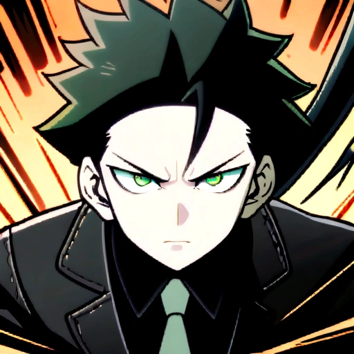  boy with black messy hair and green eyes wearing white gloves and black mafioso suit