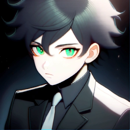  boy with black messy hair and green eyes wearing white gloves and black mafioso suit