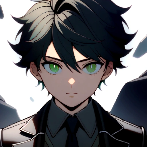  boy with black messy hair and green eyes wearing white gloves and black mafioso suit