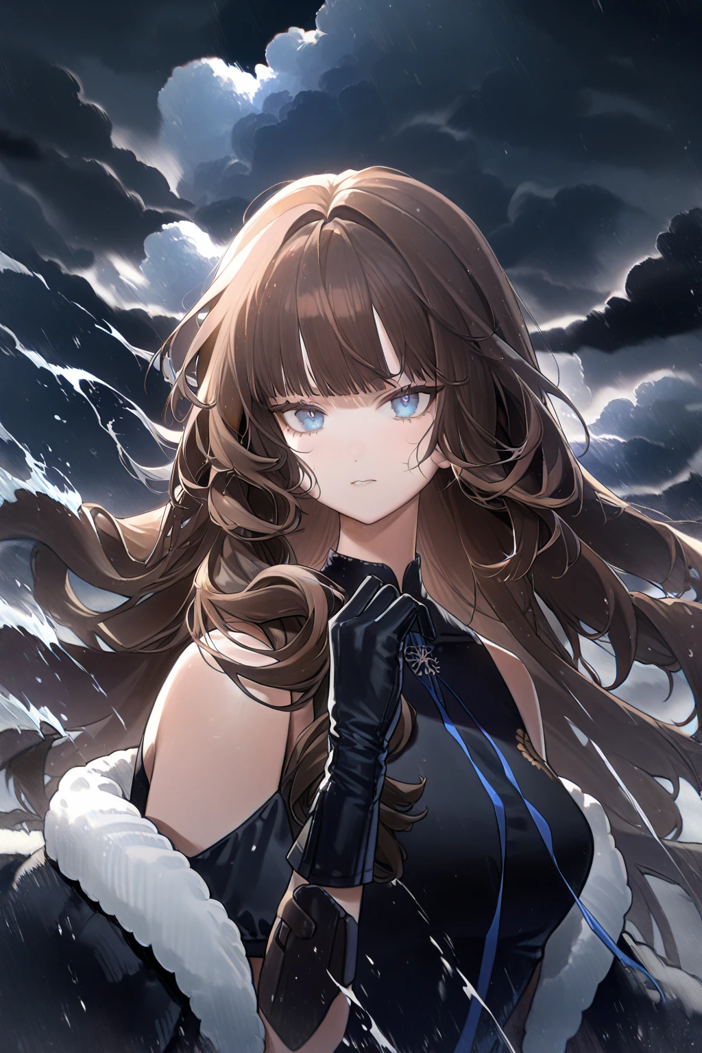 1 girl, CuteStyle, looking at the viewer, blue eyes, brown hair, long hair with bangs, upper body, dressed in a long black dress with separate short sleeves, fur jacket, high black gloves, bare shoulders, outside, cloudy, clouds, black clouds, strong wind, hurricane, tornado, action, flowing hair, serious face, gentle tones