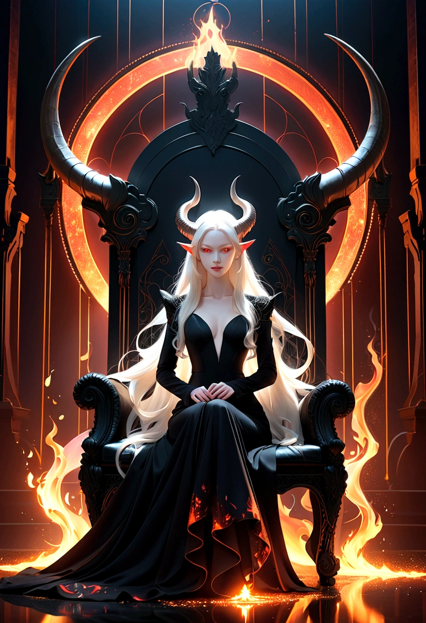 whole body, Solitary,A beautiful female demon, Sitting on the majestic throne of power, With red glowing eyes, Albinos with very pale skin, Long hair fluttering in the wind, Floating flame particles, Long flowing transparent black dress, (Long and complex horns:1.2) , surreal fantasy, at night, Geometric abstract art, fantasy, detailed, Rim Light, Bokeh, 4K