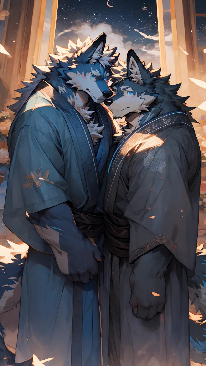 Ultra-high resolution, Detailed background, only,Hairy Male,Hairy chest,Wolf,Canines,silver white fur,Long white hair,The ends of the hair are silver,Bright blue eyes,charming,Handsome,Big Tail,Full body male love,Star magic,masterpiece,detailed,There is a star texture on the forehead,Robes
