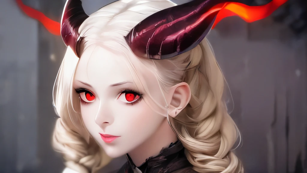 a painting of a woman with horns and red eyes, digital art by Gerald Brom, trending on cgsociety, gothic art, demon girl, demon woman, with red glowing eyes, horns and red eyes, beautiful succubus, portrait of a female demon, succubus, portrait of demon girl, tiefling, bastien lecouffe - deharme