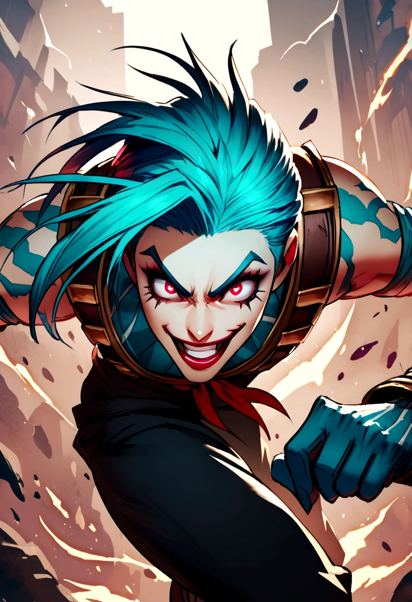 Jinx from league of legends in an action pose with a maniacal grin