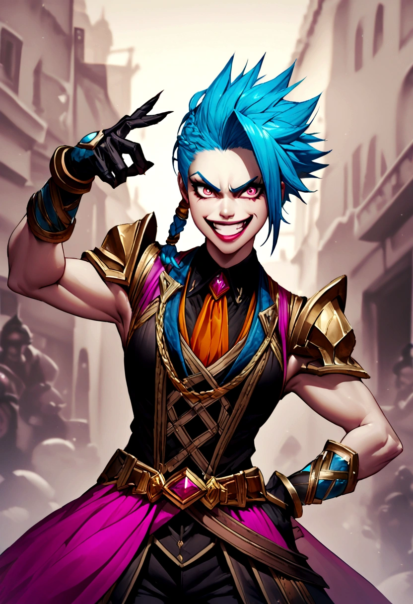 Jinx from league of legends in an action pose with a maniacal grin