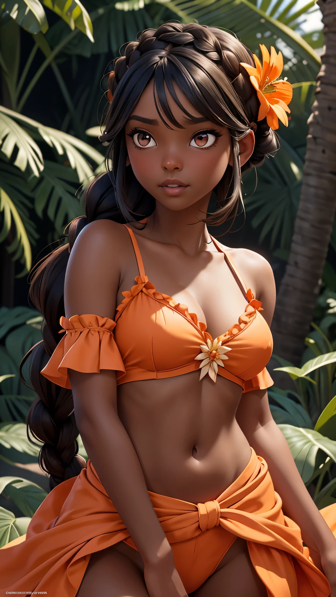 unreal engine:1.4,UHD,The best quality:1.4, photorealistic:1.4, skin texture:1.4, Masterpiece:1.8,beautiful dark skin african woman, animal fluff, fringe, bare shoulders, flat belly , black hair,black skin, blue sky, bow, braid, building, clavicle, crown braid, dark skin, separate sleeves, face viewer, flower, ruffled sleeves, steering wheels, gradient eyes, hair behind ear,orange lingerie ,hair bow, head bowing, move, light blush, long hair, looking at the viewer, multicolored eyes, nature, belly button, orange bow, move de palma, palm, parted lips, pink eyes, plant, portrait, Red flower, shirt, single braid, sky, only, sunlight, tan, teeth, tree, tropical, Upper part of the body, teeth superiores, water (Estilo Elden Ring:1.3), (Warhammer style:1.1), Conceptual artist, global ilumination, depth of field, splash art, Art by Artgerm and Greg Rutkowski and Viktoria Gavrilenko,