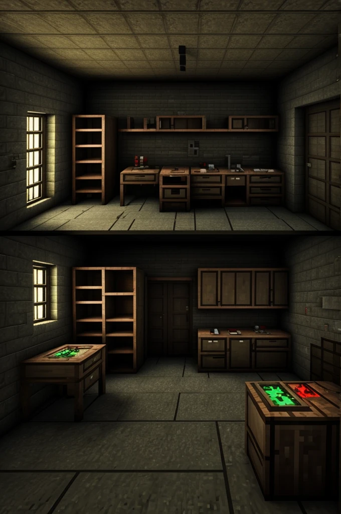 A ruined laboratory room, Everything is dark and the only lighting is a small red emergency light. Make it Minecraft style.