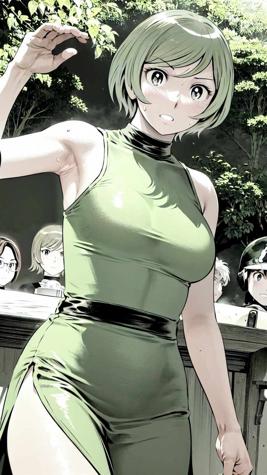、(masterpiece、Highest quality)、Highest quality, Ultra-high resolution, (((masterpiece))), alone, Sweat、Big eyes, Please show me your armpits, No sleeve、Outdoor、Floral dress、Composition from the front、(Cut the back hair short、short hair、blonde、woman)、Shortcuts、Embarrassed face、Cut your hair short、可愛いwomanの子、Big Breasts