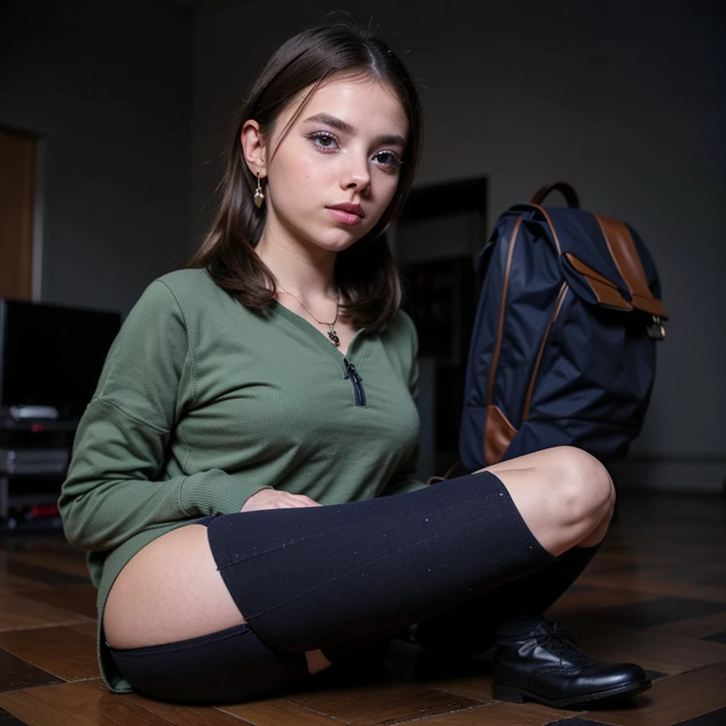 1 16-year-old girl, dark green color, a slightly wide nose, hair on the floor and a part behind her ear, a red blouse and a blue-checked sweatshirt, open lips, a little thick, eyebrows, arched and thin stockings, navy blue jeans, military boots and a black backpack slightly big eyes with a black thread necklace