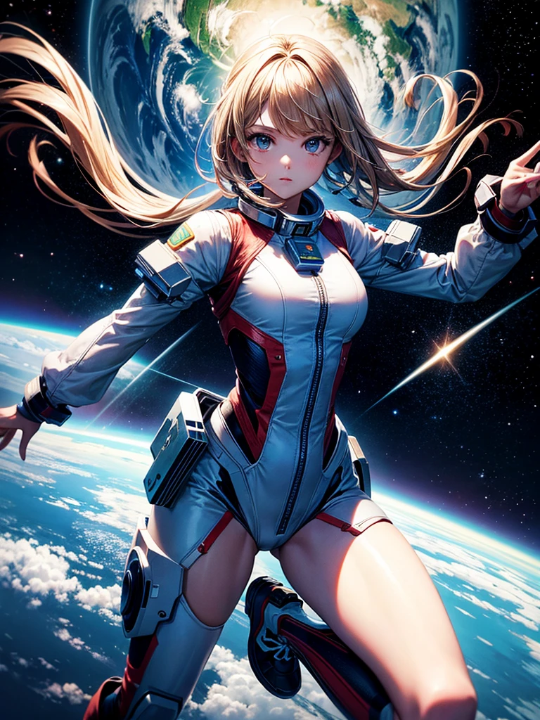 Highest quality,Highest Resolution,A beautiful android girl flying in space,Earth in the background,Equipped with cutting-edge technology,