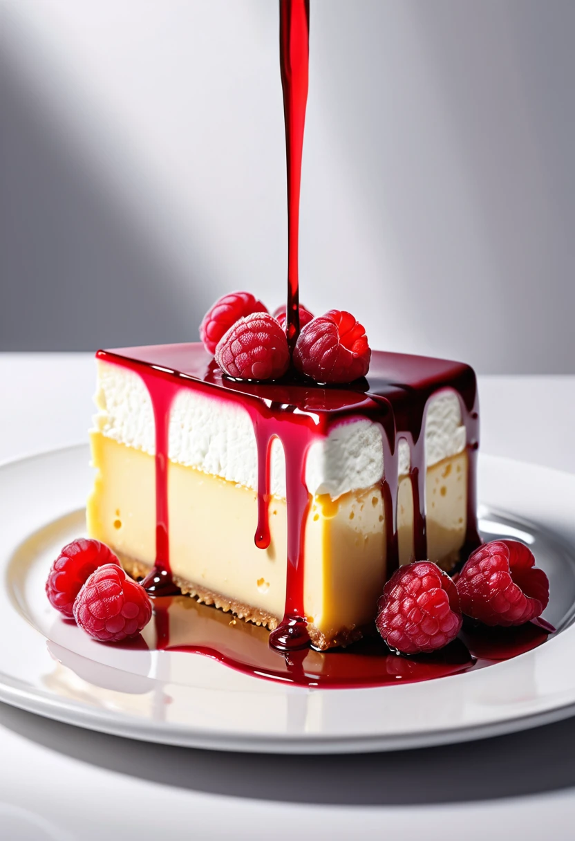 a piece of cheese cake with raspberry, white ceramic plate, dripping red juice, ((bright theme)),  (masterpiece),((ultra-detailed)), (highly detailed CG illustration),(expressionless), (best quality:1.2), High quality texture, intricate details, detailed texture, High quality shadow, Cinematic Light, Depth of field, light source contrast, perspective,20s, (ulzzang-6500-v1.1:0.5), 