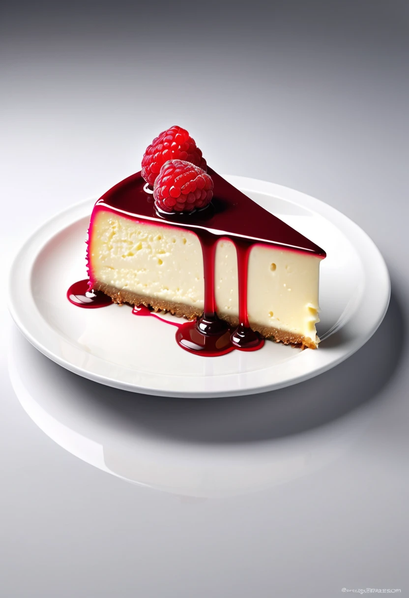 a piece of cheese cake with raspberry, white ceramic plate, dripping red juice, ((bright theme)),  (masterpiece),((ultra-detailed)), (highly detailed CG illustration),(expressionless), (best quality:1.2), High quality texture, intricate details, detailed texture, High quality shadow, Cinematic Light, Depth of field, light source contrast, perspective,20s, (ulzzang-6500-v1.1:0.5), 