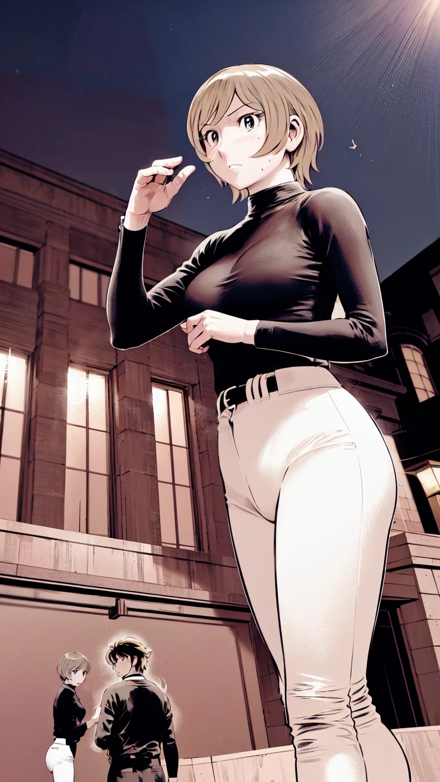 (野球uniform:1.2),
Blonde Hair, (short hair:1.2),Long sleeve, Black Shirt, turtleneck,White trousers、uniform、Black belt、((Illustration of people))、Big Boobs、
View Audience,, (Highest quality:1.3),One Girl, White pants、uniform、Outdoor、baseball ground、ground、soil、blue eyes、Tight black shirt、(masterpiece、Highest quality)、Highest quality, Ultra-high resolution, (((masterpiece))), alone, Sweat、Big eyes、Big Breasts、One Girl, Front view、Embarrassed face、Bronze colored hair、((short hair))、Stand up straight