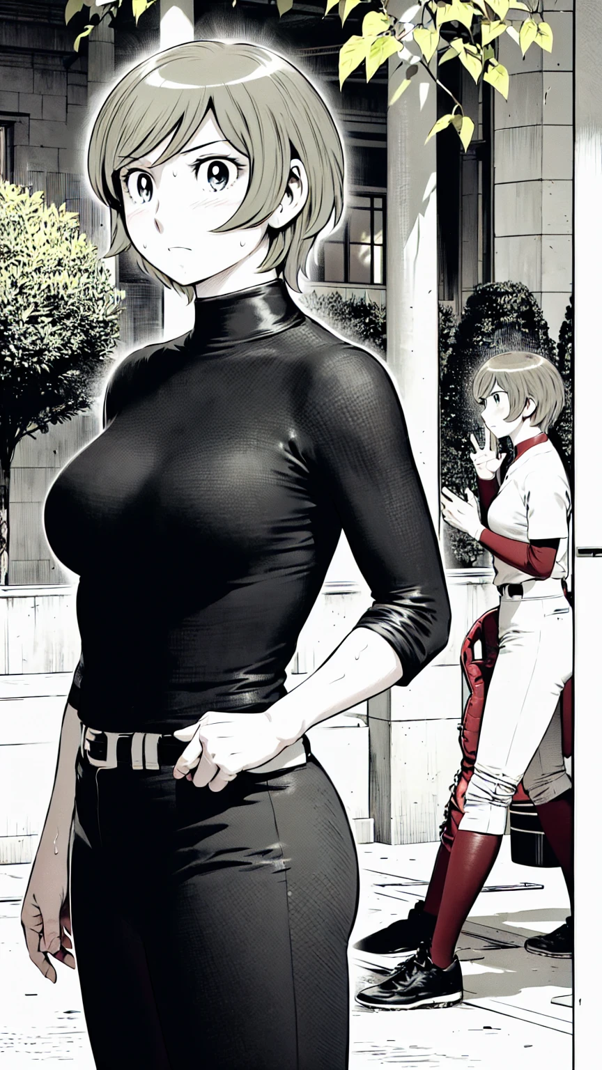 (野球uniform:1.2),
Blonde Hair, (short hair:1.2),Long sleeve, Black Shirt, turtleneck,White trousers、uniform、Black belt、((Illustration of people))、Big Boobs、
View Audience,, (Highest quality:1.3),One Girl, White pants、uniform、Outdoor、baseball ground、ground、soil、blue eyes、Tight black shirt、(masterpiece、Highest quality)、Highest quality, Ultra-high resolution, (((masterpiece))), alone, Sweat、Big eyes、Big Breasts、One Girl, Front view、Embarrassed face、Bronze colored hair、((short hair))、Stand up straight