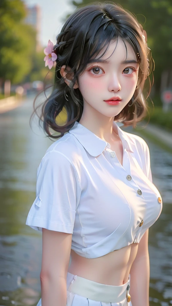 ((Best Quality, 8K, Masterpiece: 1.3)), Sharp: 1.2, Perfect Body Beauty: 1.4, Slim Abs: 1.2, ((Layered Hairstyle, Big Breasts: 1.2)), (Wet White Button Shirt: 1.1), (Rain, Street: 1.2), Wet: 1.5, Highly detailed face and skin texture, detailed eyes, double eyelids, face looking at the camera, boobs, push up bra