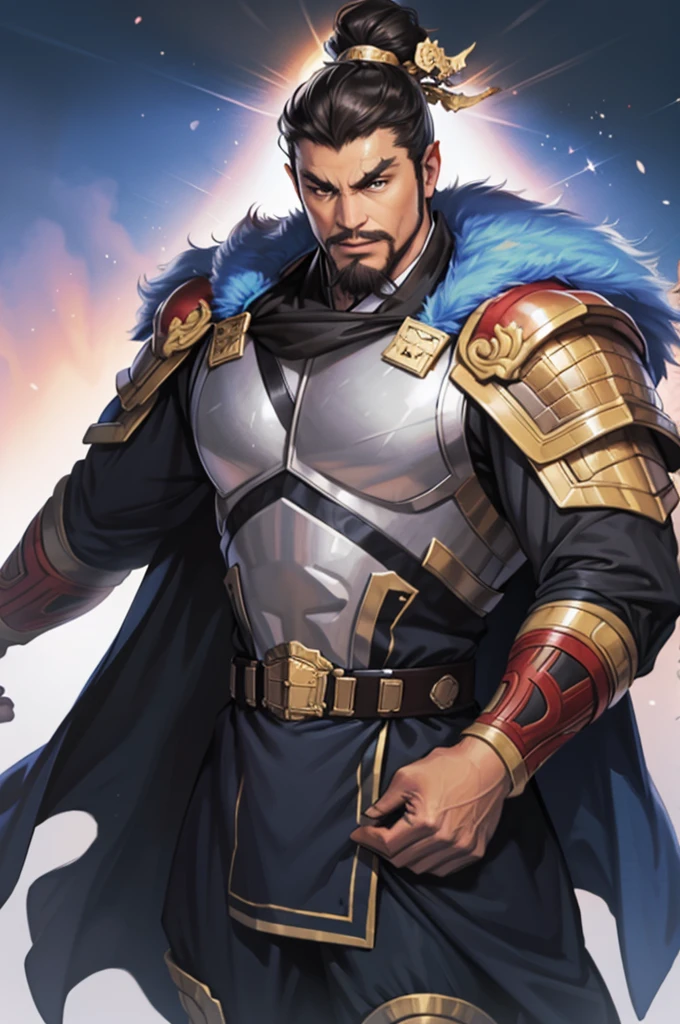 8K,middle aged man,oriental armor(The elaborately crafted coat of arms of a nobleman),ultra high resolution,surreal,realistic skin,Black hair short hair,big black eyes,clear eye description, muscular body,waist armor,delicate hands, Perfect hand shape, character art, action pose,masterpiece,Realistic RAW photos of the highest quality,bright colors,rich colors, backlight, movie lights, film grain,50mm lens