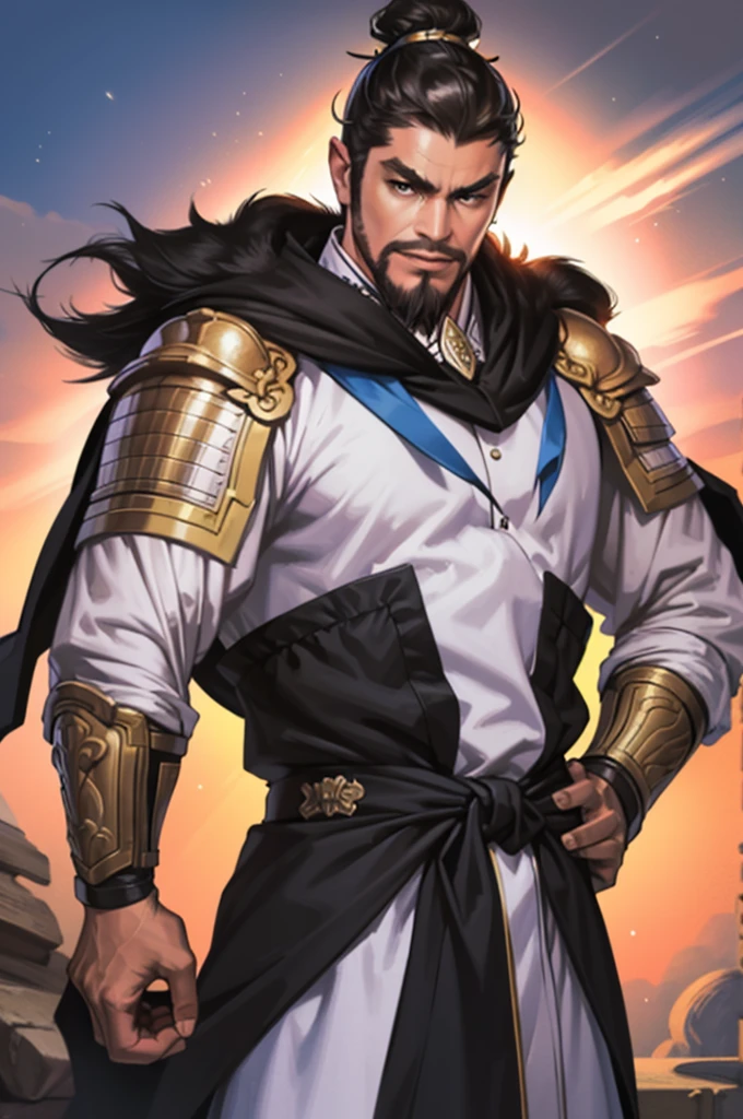 8K,middle aged man,oriental armor(The elaborately crafted coat of arms of a nobleman),ultra high resolution,surreal,realistic skin,Black hair short hair,big black eyes,clear eye description, muscular body,waist armor,delicate hands, Perfect hand shape, character art, action pose,masterpiece,Realistic RAW photos of the highest quality,bright colors,rich colors, backlight, movie lights, film grain,50mm lens