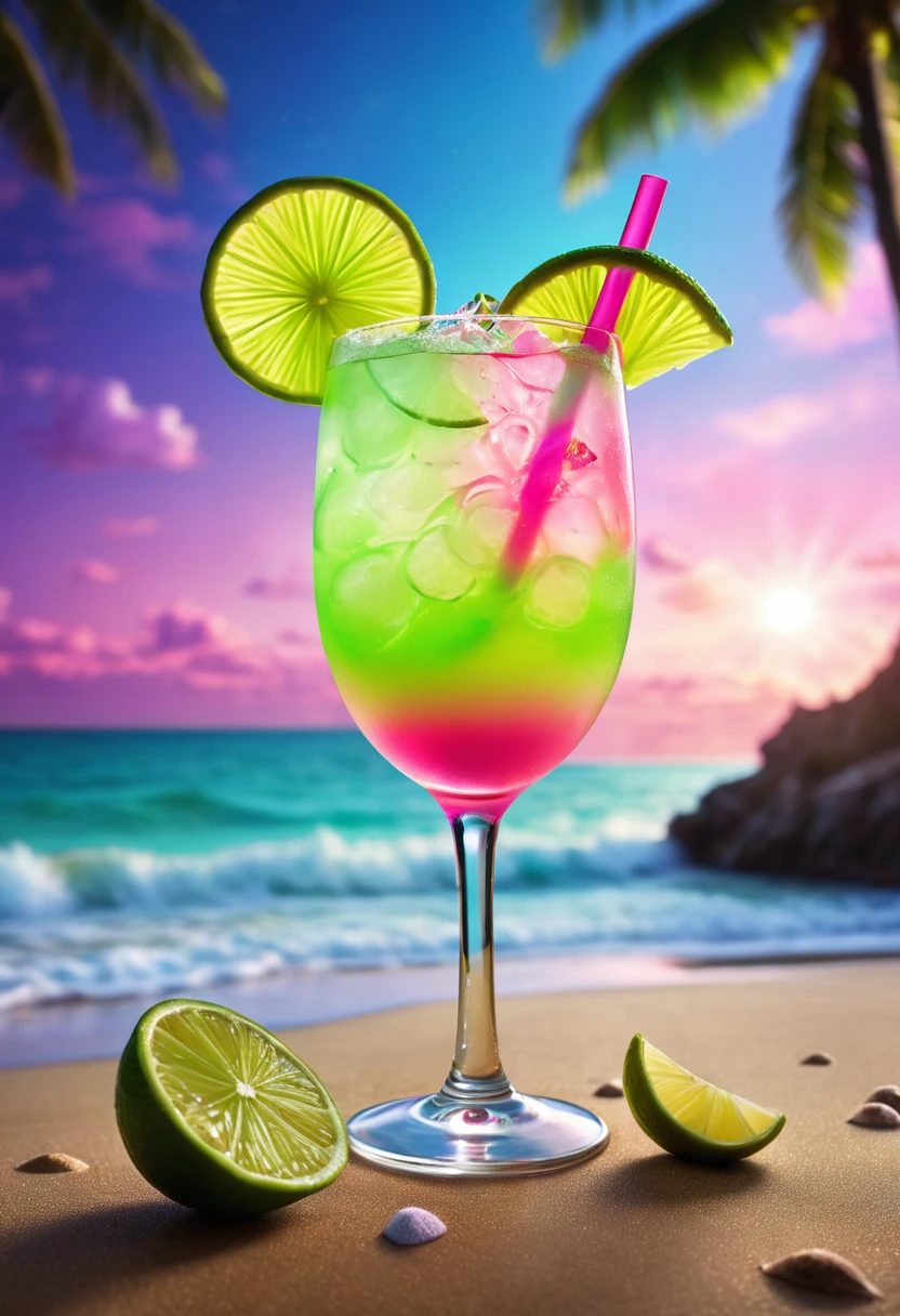 vibrant glowing lime green and pink cocktail drink, in the style of a product hero shot in motion, dynamic magazine ad image, photorealism, sleep and mystical elements around the background,at the beach