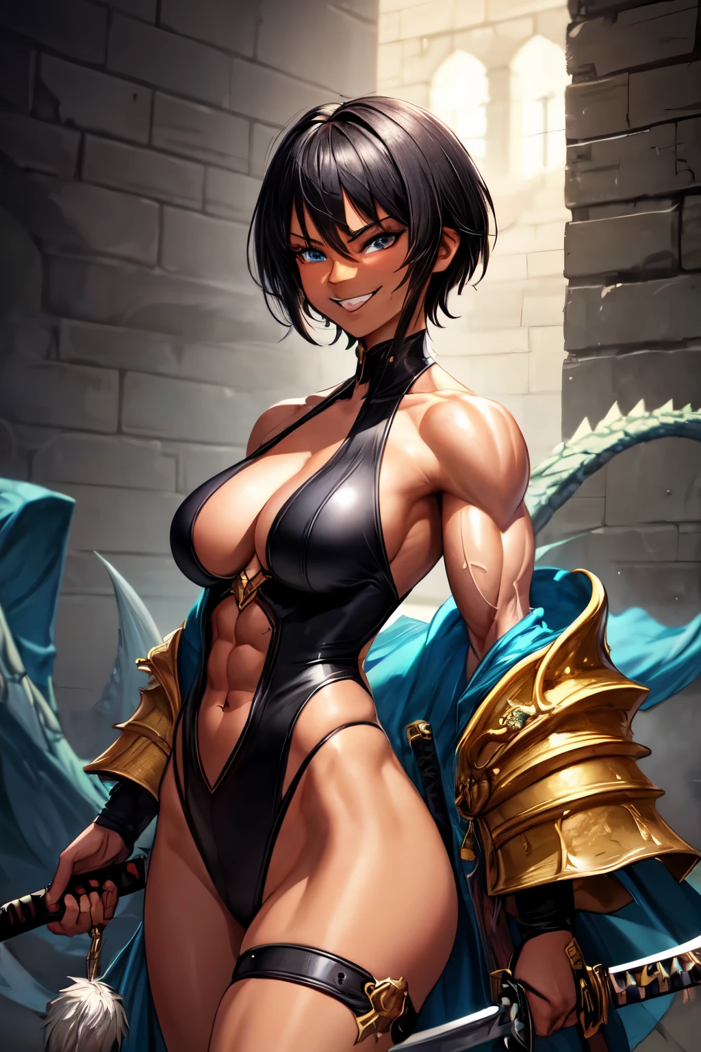 ((best quality)), ((masterpiece)), (detailed), Dungeon and dragons, 1 woman, dark skin, short black hair, tomboy, muscular, fighter class with katana, body full of scars, Dungeon and Dragons clothing, sharp pointy fangs, smirk face, confident, dominant look