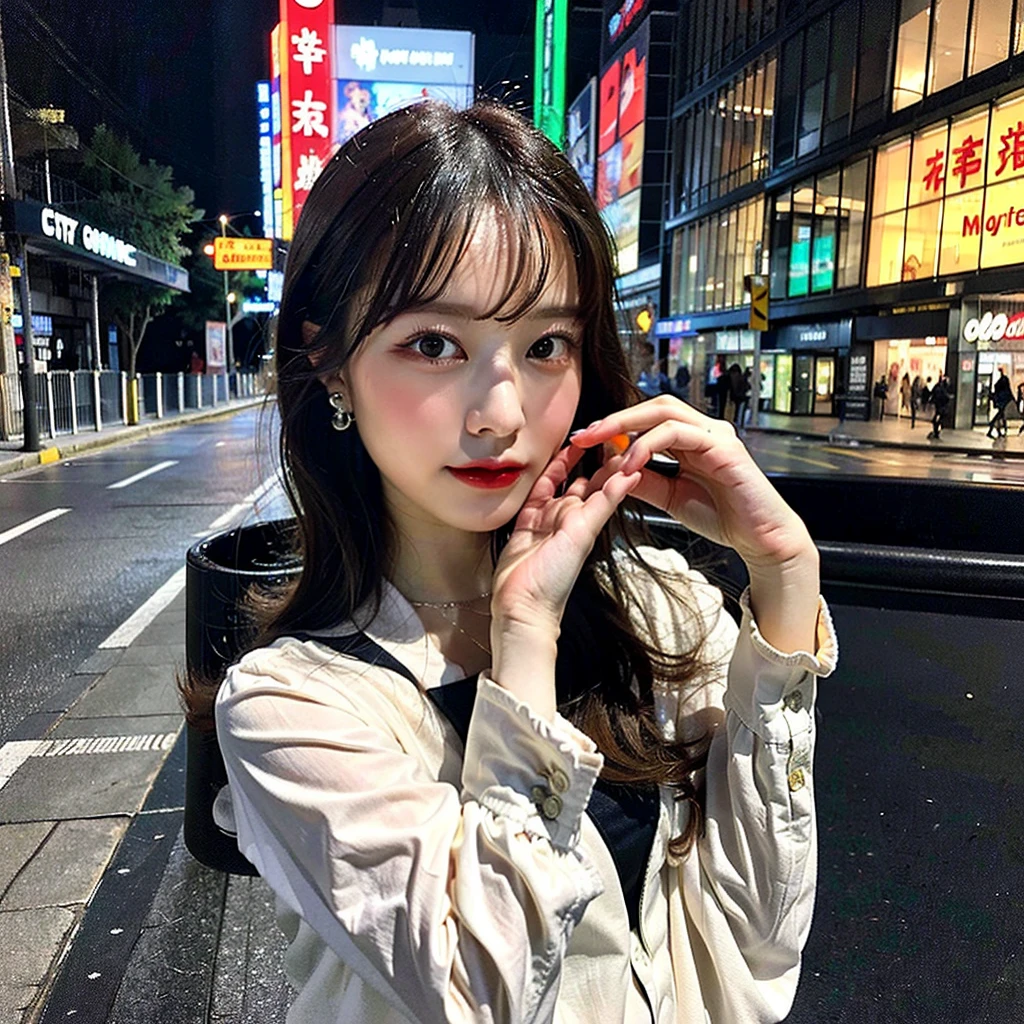 (Highest quality, 8K, 32k, masterpiece, Ultra-high resolution: 1.2), Cute Japanese Women Photos, Short Bob Hair, Full body view, Extra Large_one piece, Earrings, Model pose,(Cinematic aesthetics:1.4), Beautiful fashion model,Bokeh city night photo