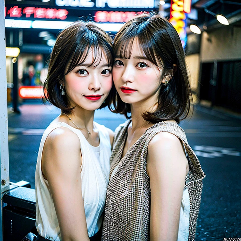 (Highest quality, 8K, 32k, masterpiece, Ultra-high resolution: 1.2), Cute Japanese Women Photos, Short Bob Hair, Full body view, Extra Large_one piece, Earrings, Model pose,(Cinematic aesthetics:1.4), Beautiful fashion model,Bokeh city night photo