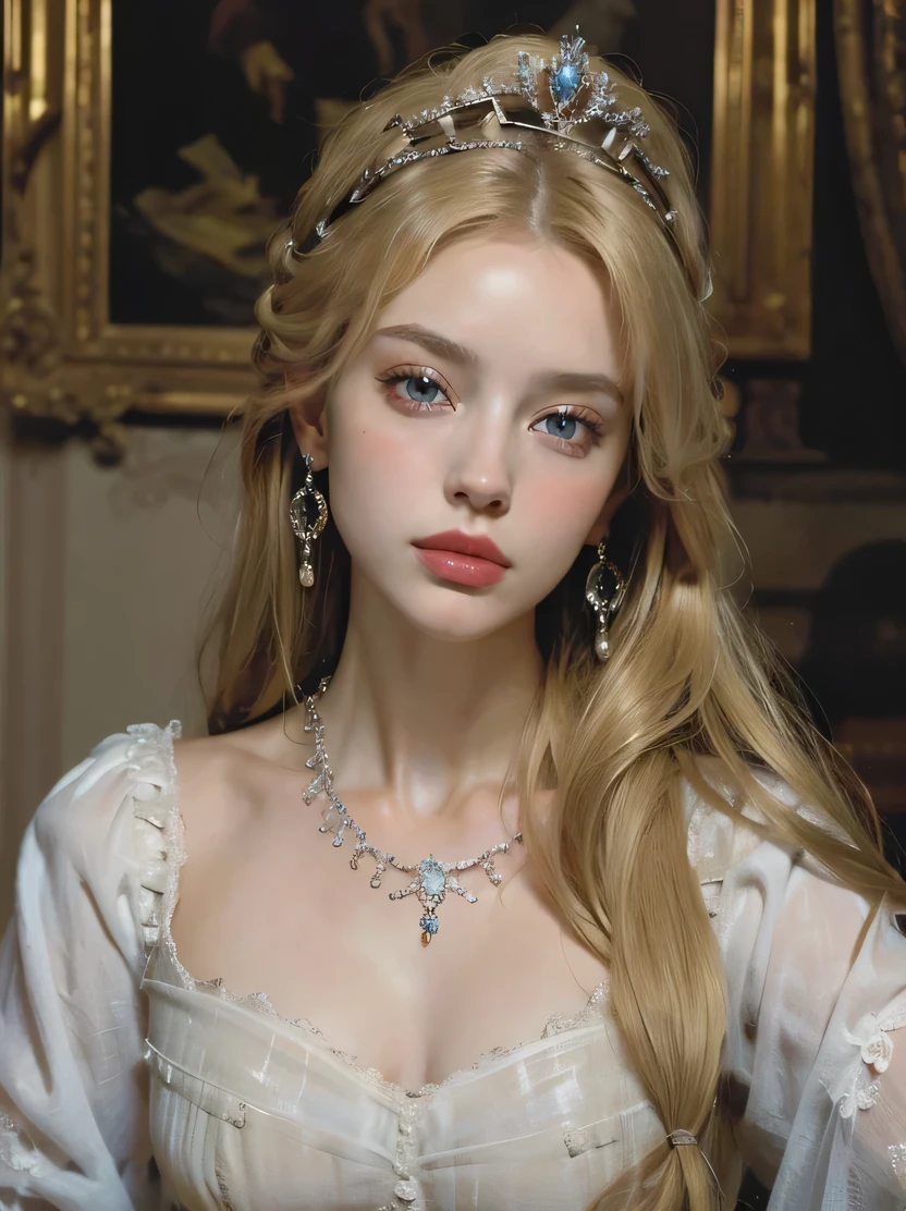 ((masterpiece、Highest quality、Very detailed、High resolution、Realistic、Sharp focus))、((Stunningly beautiful blonde woman、(Mid Shot)、Brightness of the face))、High contrast、High saturation、Stunning and gorgeous painting、Marie Antoinette、Gorgeous dress、crown、necklace、Fantasy Portrait、Long Hair、Earrings、blue eyes、Detailed hand drawing、The background is a medieval room、oil painting