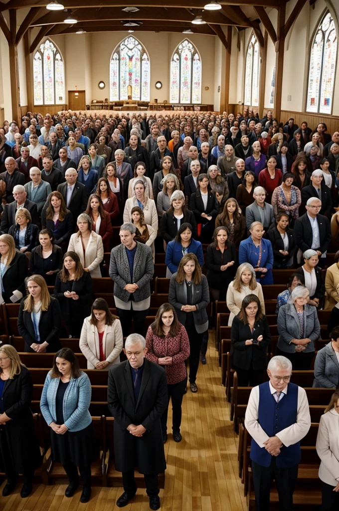 Community of Faith: A congregation of people gathered in a worship service, demonstrating unity and communion in the search for a return to the first love for Jesus.