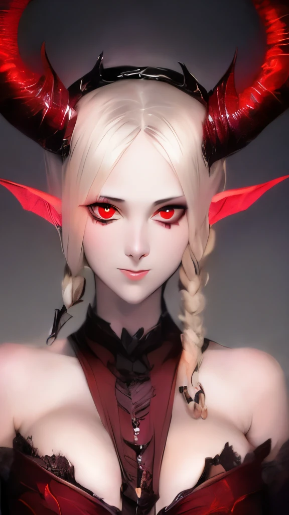 a painting of a woman with horns and red eyes, demon girl, demon woman, with red glowing eyes, horns and red eyes, beautiful succubus, portrait of a female demon, succubus, by Gerald Brom, portrait of demon girl, by Bastien L. Deharme, by Jeffrey Catherine Jones, inspired by Jeffrey Catherine Jones