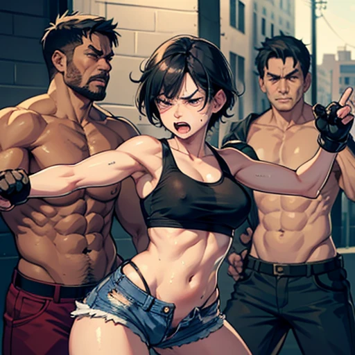 man and a woman meet in a street fight. A fierce fight. The man is thrusting his arm toward the woman's body. Female street fighter is crying. She is covered in bruises. Covered in blood. Short of breath. Drooling. Sweaty. Short-cut black hair. Open finger gloves. Erect nipples. One eye closed. She is leaning back. Raggedly torn and peeling sports bra. Denim shorts.