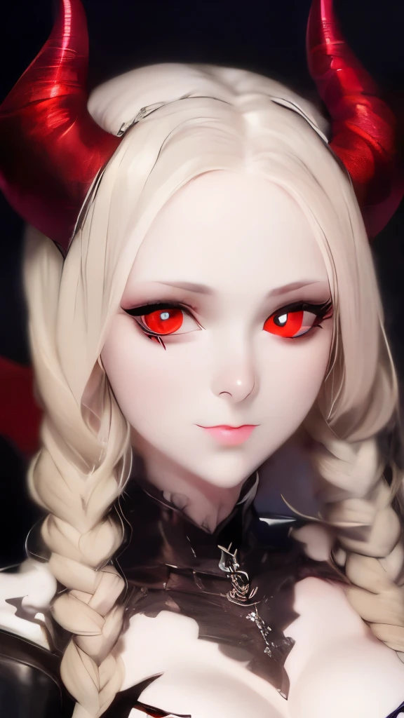 a painting of a woman with horns and red eyes, digital art by Gerald Brom, trending on cgsociety, gothic art, demon girl, demon woman, with red glowing eyes, horns and red eyes, beautiful succubus, portrait of a female demon, succubus, portrait of demon girl, tiefling, bastien lecouffe - deharme