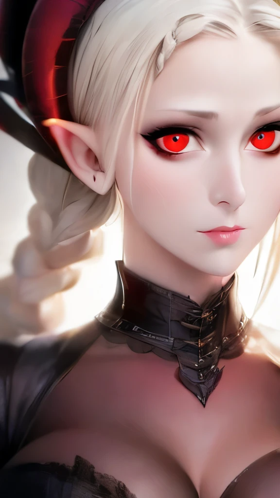 a painting of a woman with horns and red eyes, digital art by Gerald Brom, trending on cgsociety, gothic art, demon girl, demon woman, with red glowing eyes, horns and red eyes, beautiful succubus, portrait of a female demon, succubus, portrait of demon girl, tiefling, bastien lecouffe - deharme
