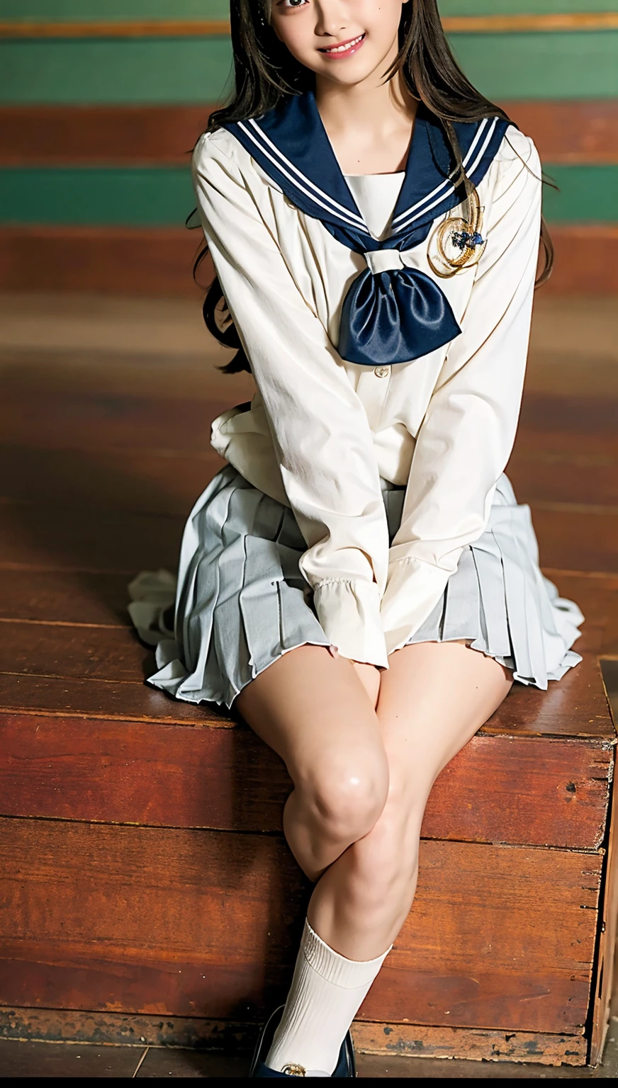 (((cowboy shot))),Ultra-high resolution,big eyes,(brown eyes),Japanese,(forehead),(a girl),(1 girl),(()),(cute),pretty,((facing at viewer)),grin,(((white school sailor uniform))),pleated skirt,(sitting),(thick thighs)