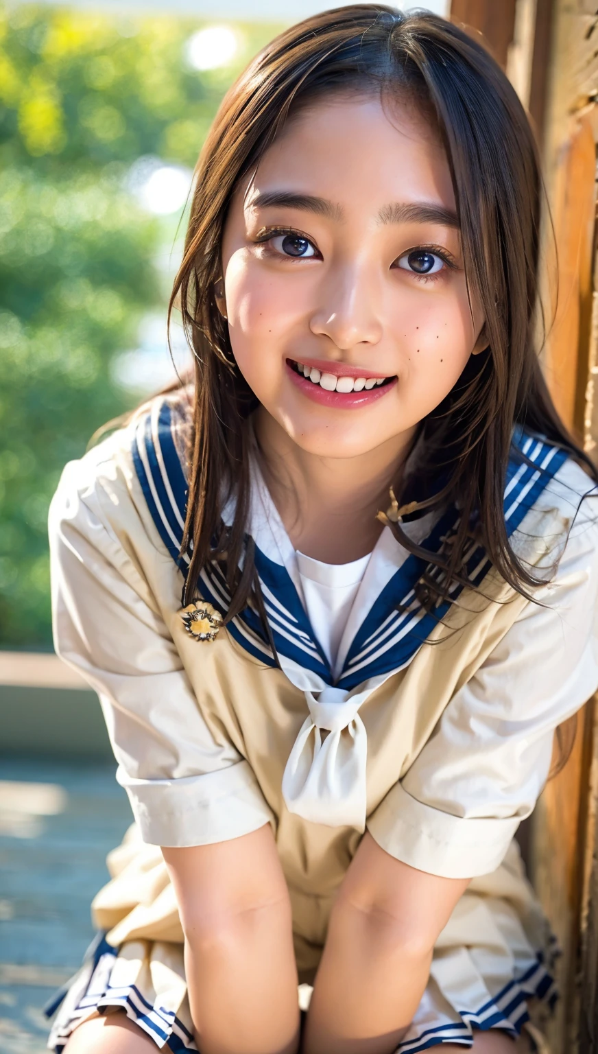 (((cowboy shot))),Ultra-high resolution,big eyes,(brown eyes),Japanese,(forehead),(a girl),(1 girl),((17 years old)),(cute),pretty,((facing at viewer)),grin,(((white school sailor uniform))),pleated skirt,(sitting),(thick thighs)