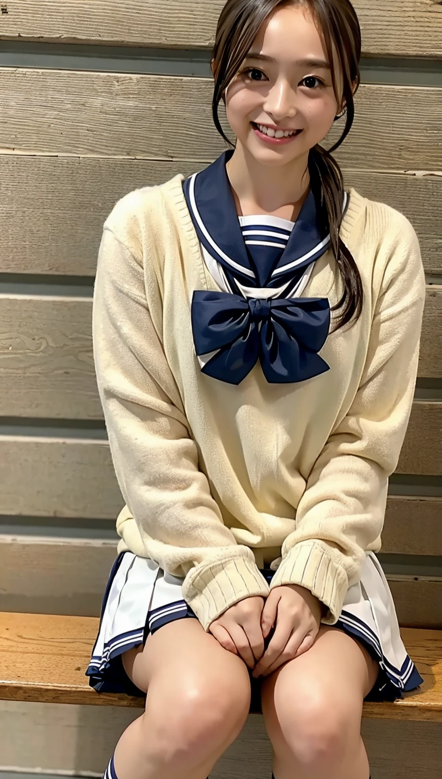 (((cowboy shot))),Ultra-high resolution,big eyes,(brown eyes),Japanese,(forehead),(a girl),(1 girl),((17 years old)),(cute),pretty,((facing at viewer)),grin,(((white school sailor uniform))),pleated skirt,(sitting),(thick thighs)
