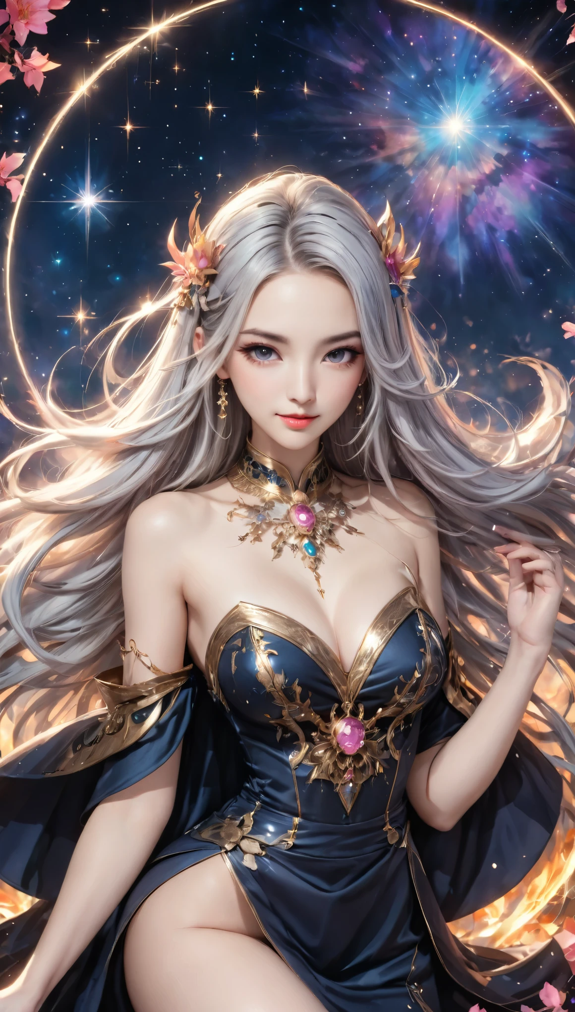 8K resolution, masterpiece, Highest quality, Award-winning works, unrealistic, From above, erotic, sole sexy lady, healthy shaped body, 22 years old, black mage, 165cm tall, huge firm bouncing busts,, white silver long wavy hair, Detailed facial depictions, Break, god秘的な青い瞳, Standard nose, Eyeliner, pink lips, sexy long legs, Clear skin, holy knight, Gothic ruffle long dress, A dress with a complex structure, Seven-colored colorful dress, Clothed in flames, royal coat of arms, elegant, Very detailed, Delicate depiction of hair, miniature painting, Digital Painting, artステーションコンセプトart, Smooth, Sharp focus, shape, artジャム、Greg Rutkowski、Alphonse Mucha、William Adolphe Bouguereau、art：Stephanie Law , Royal Jewel, nature, Symmetric, Greg Rutkowski, Charlie Bowwater, Unreal, Surreal, Dynamic Lighting, ファンタジーart, Complex colors, Colorful magic circle, flash, dynamic sexy poses, A kind smile, Mysterious Background, Aura, A gentle gaze, BREAK, Small faint lights and flying fireflies, night, lanthanum, 山の頂From above下界を見下ろす, Starry Sky, milky way, nebula, shooting star, god々A sacred staff that emits a brilliant light