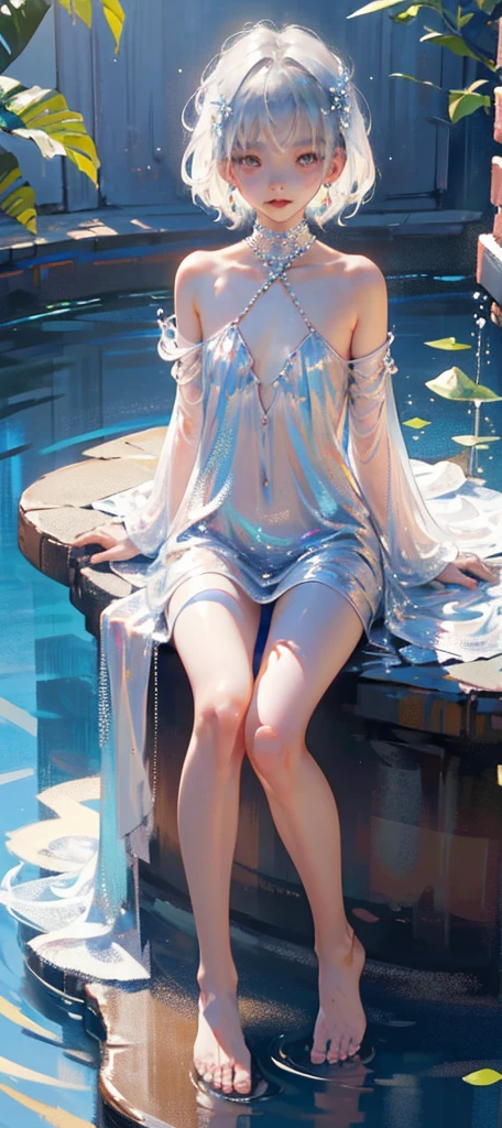 A girl、symmetry,Daughter,whole body 女恋,Put your hands together and bloom,(Very detailed:1.1),((small :1.2))、The eyes are well drawn、Charming eyes、Double tail、Wear jewelry and pearls around your neck,Transparent openwork、Deep V、Crystal Pearls、在Wear jewelry and pearls around your neck,white hair, show your thighs, Bare shoulders, Show Clavicle, Yao Liu, barefoot,((whole body))、painful posture