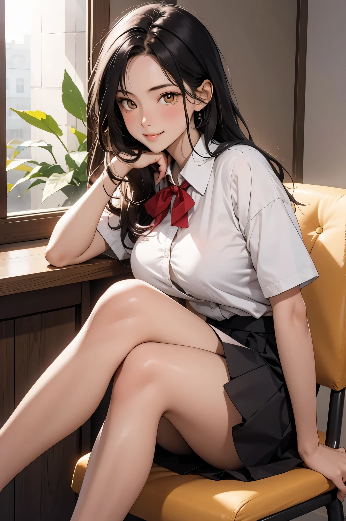 1girl, bare legs, black hair, blush, bow, bowtie, closed mouth, collared shirt, dress shirt, flashing, white shirt, hair between eyes, indoors, knee up, lips, long hair, looking at viewer, miniskirt, pleated skirt, red ribbon, reflection, , shiny skin, shirt, short sleeves, sitting, skirt, large breasts, smile, sneakers, solo, yellow eyes, masterpiece, best quality, highres, official art, extremely detailed cg unity 8k wallpaper