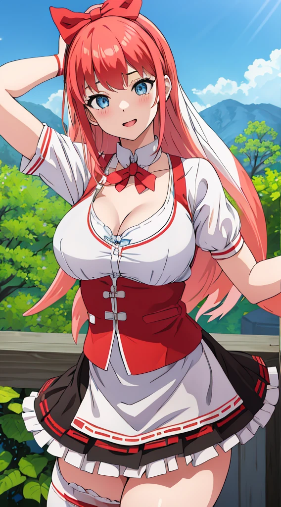 Without skirt、White underwear、In underwear、Panties in full view、White panties、Blue Stripes々Large bra 1, 1girl, asahina mikuru, long hair, kita high , solo,  short sleeves, red ribbon, large breasts, cowboy shot, waving, outdoors, leaning forward,Underwear in full view