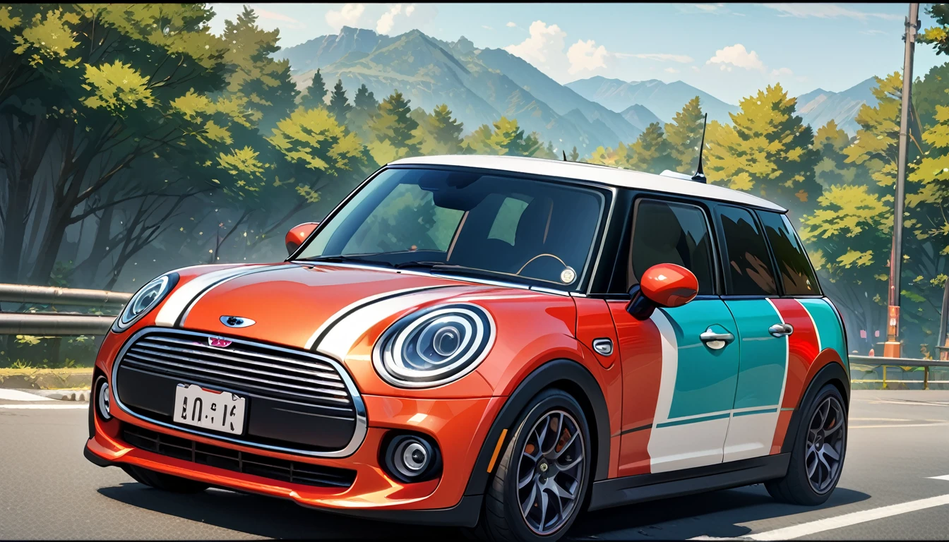 ((8k of extremely detailed CG unit, Masterpiece, high resolution, highest quality, highest quality real texture skin)), (wearing Japanese pattern headphones), ((1 girl)), (((Mini Cooper))), (((Take the driver&#39;s seat))), (((Take the wheel))), (((Look ahead))), (((sunglasses, ponytail))), (Japanese pattern hoodie, Japanese-style shorts), (Black hair, messy hair, beige skin), (surreal, digital painting)