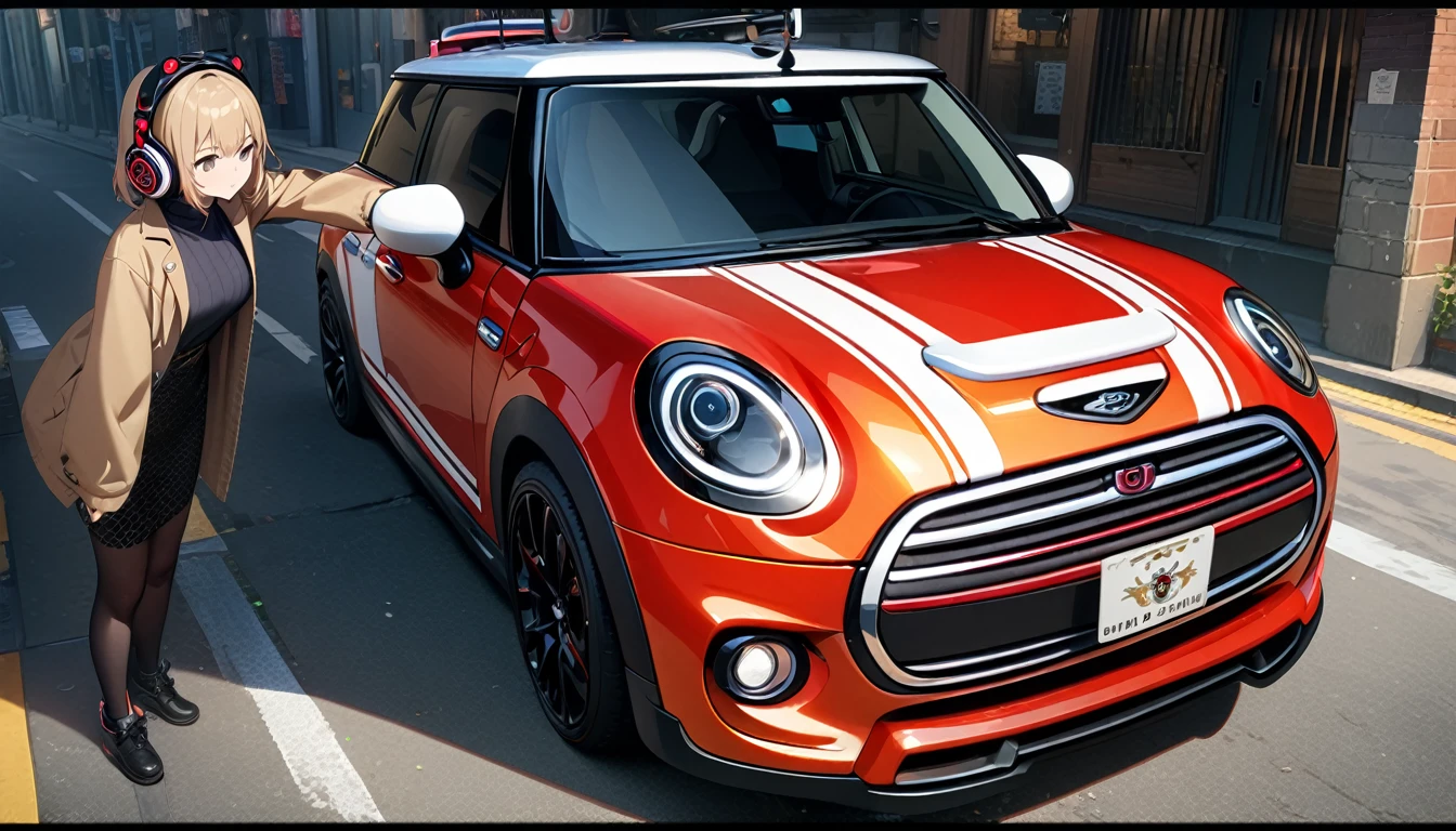 ((8k of extremely detailed CG unit, Masterpiece, high resolution, highest quality, highest quality real texture skin)), (wearing Japanese pattern headphones), ((1 girl)), (((Mini Cooper))), (((Take the driver&#39;s seat))), (((Take the wheel))), (((Look ahead))), (((sunglasses, ponytail))), (Japanese pattern hoodie, Japanese-style shorts), (Black hair, messy hair, beige skin), (surreal, digital painting)