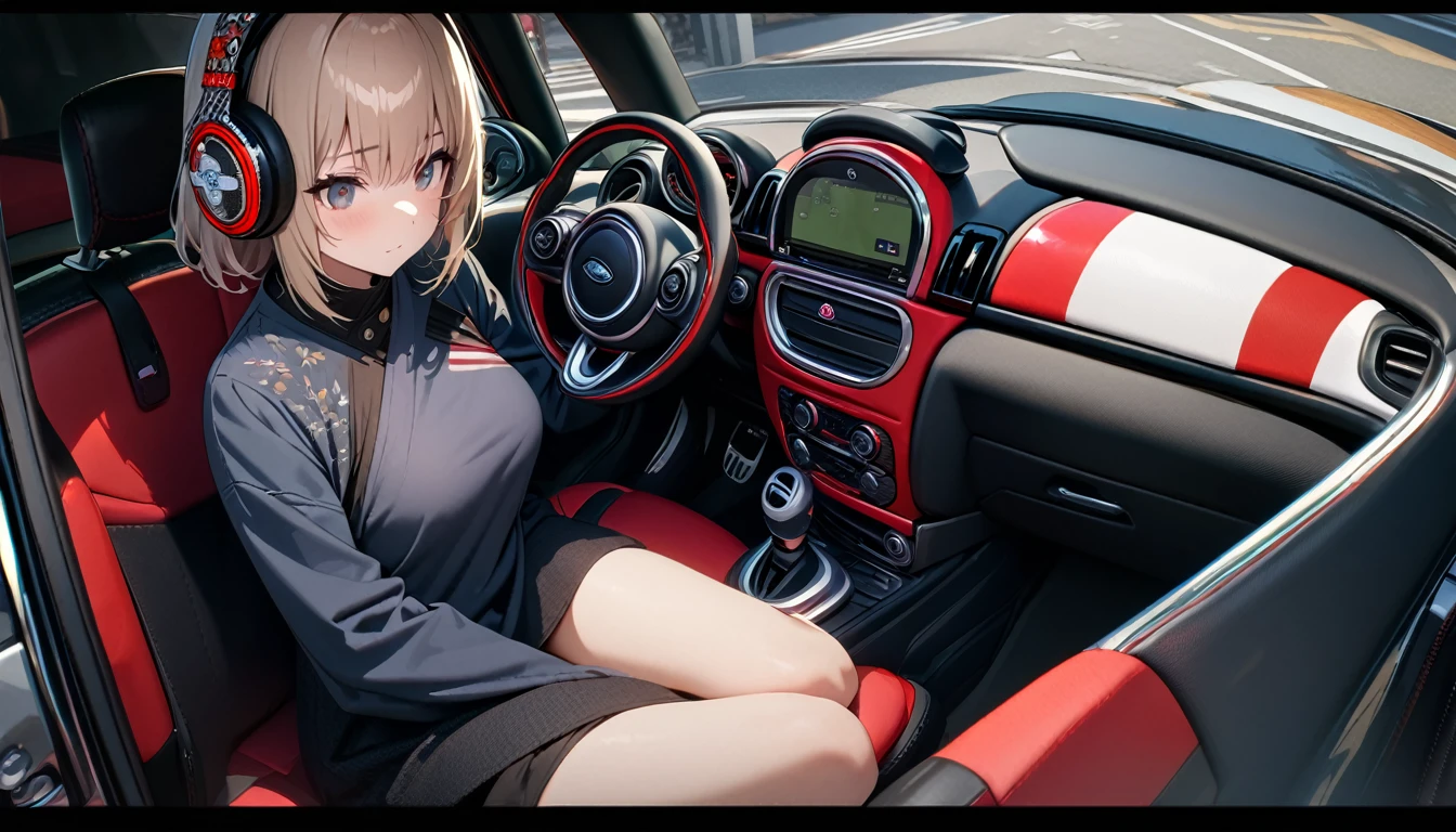 ((8k of extremely detailed CG unit, Masterpiece, high resolution, highest quality, highest quality real texture skin)), (wearing Japanese pattern headphones), ((1 girl)), (((Mini Cooper))), (((Take the driver's seat))), (((Take the wheel))), (((Look ahead))), (((sunglasses, ponytail))), (Japanese pattern hoodie, Japanese-style shorts), (Black hair, messy hair, beige skin), (surreal, digital painting)