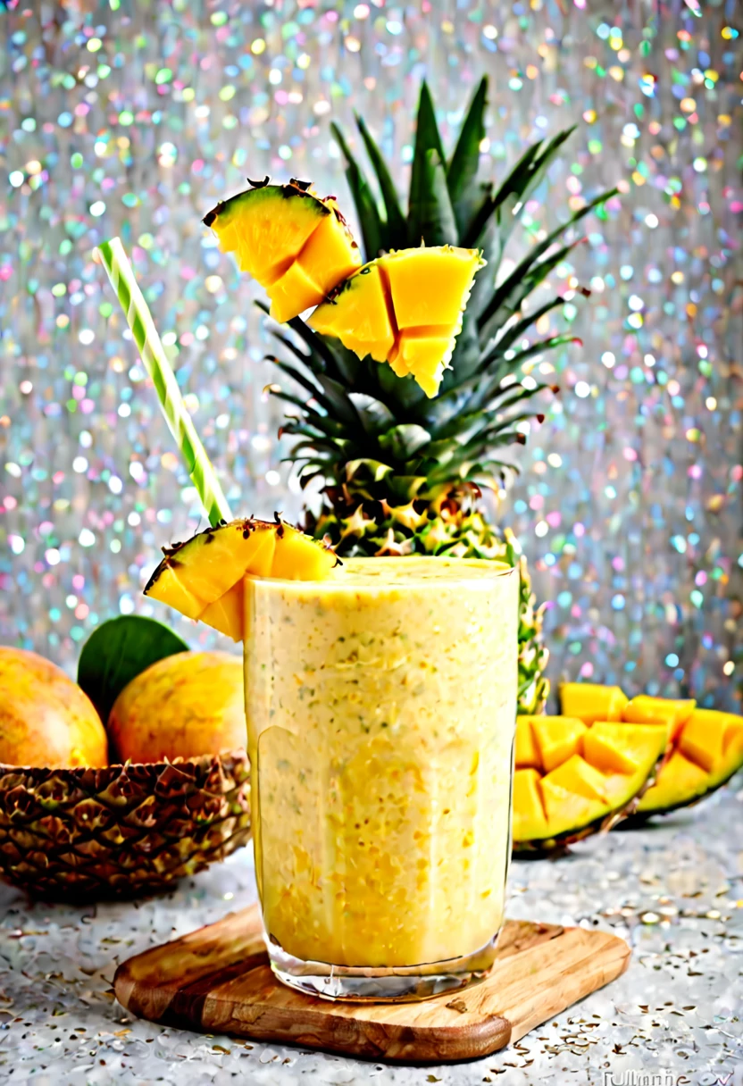RAW photo, mango pineapple smoothie, hot summer day, food photo, DSLR, mango chunks and pineapple slices garnish, soft lighting, high quality, film grain, Fujifilm XT